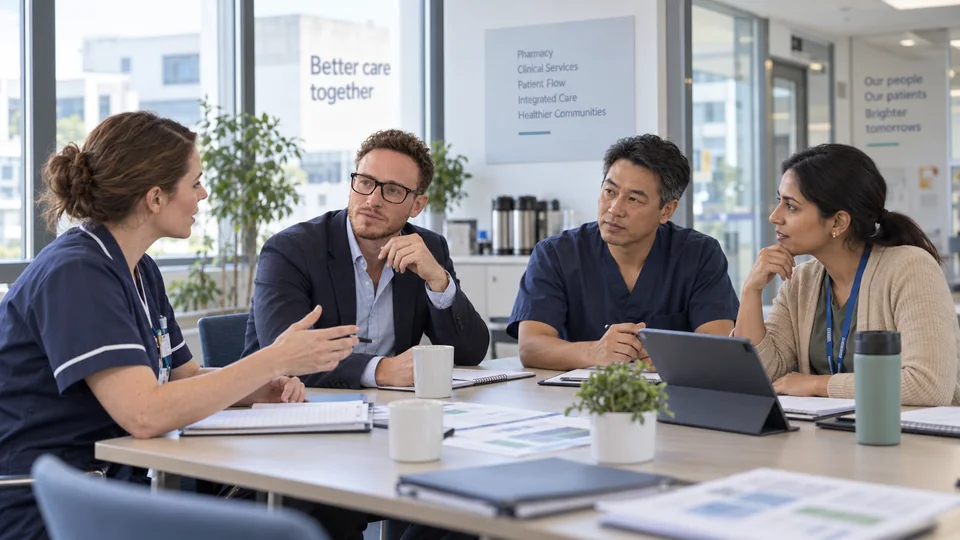 Illustrative group scene of Daniel McCormick in a hospital discussion with healthcare colleagues.