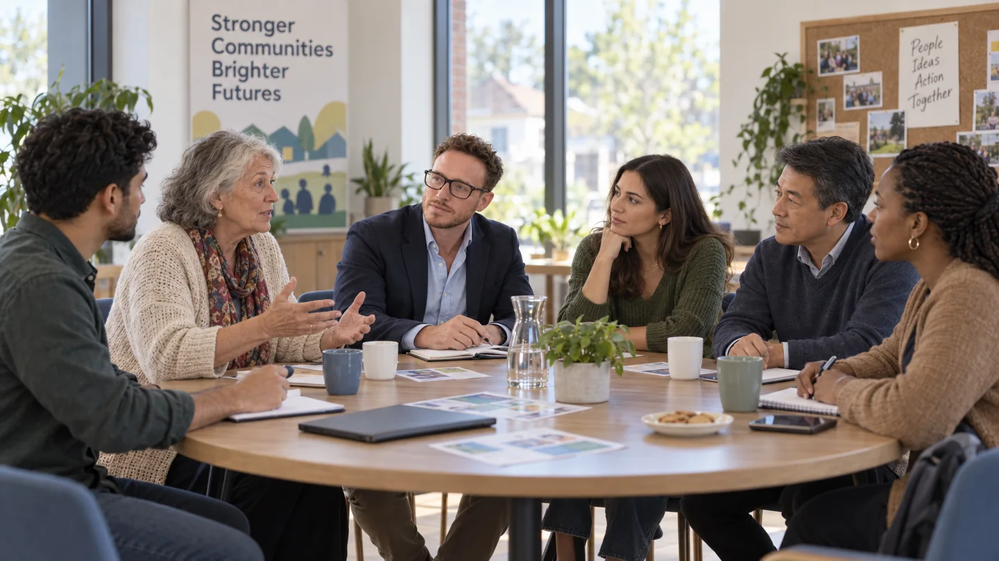 Illustrative group scene of Daniel McCormick taking part in a community roundtable.