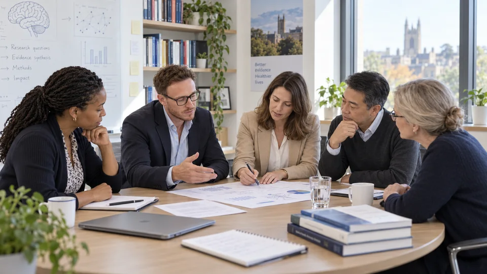 Illustrative group scene of Daniel McCormick discussing evidence with healthcare colleagues.