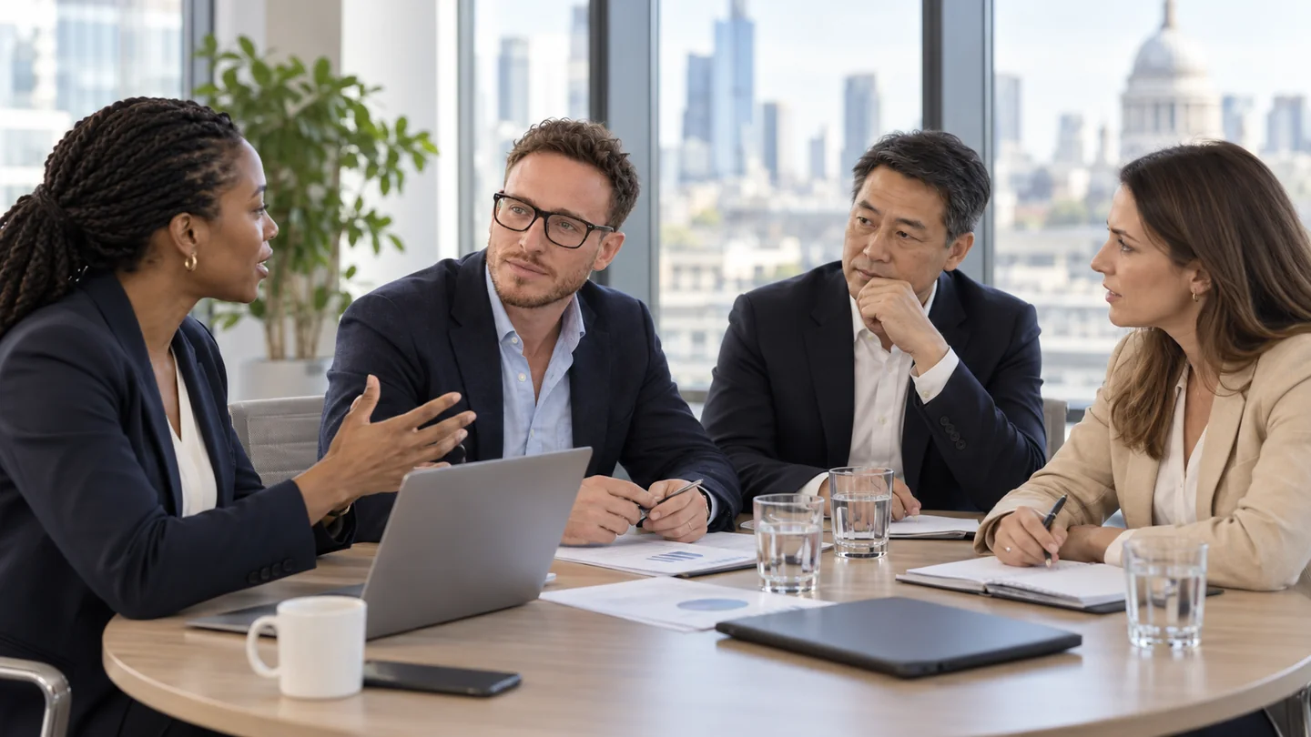 Illustrative group scene of Daniel McCormick discussing programme strategy with colleagues.